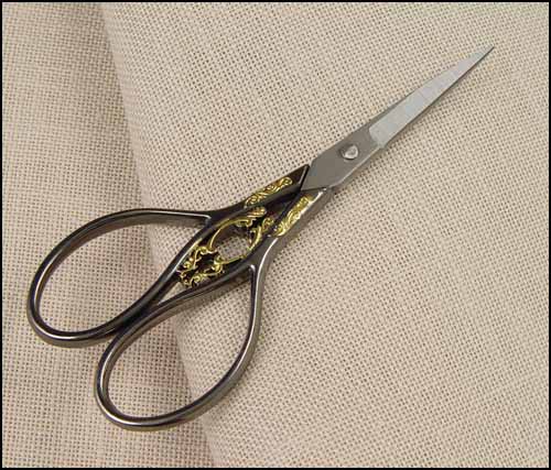 Marquis 4¼" Pewter Embroidery Scissors with Gold Filagree - Click Image to Close