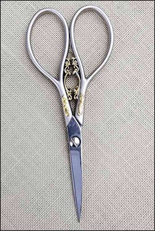 (image for) Marquis 4¼" Brushed Silver Embroidery Scissors w/Gold Filagree - Click Image to Close