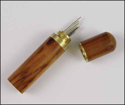 Medium Brown Wood Needle Case with Brass - Click Image to Close